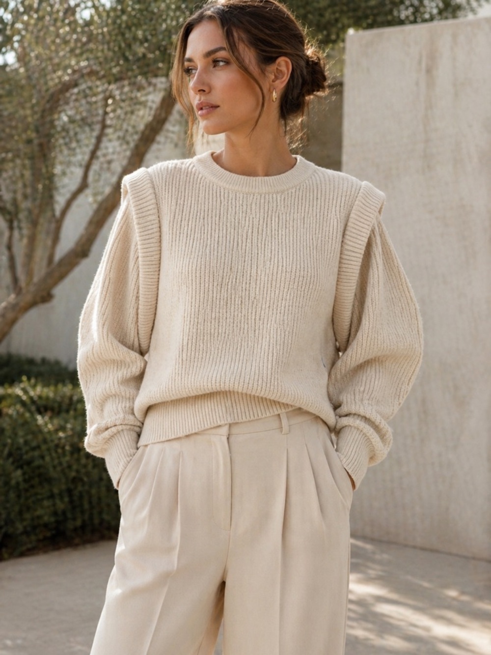 ASTR The Label Cream Ribbed Sweater Sculpted Shoulder Soft Luxe Knit Small